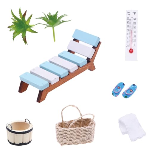 Miniatur Deko Sauna Zubehör, 8 Teile Strand Mikrolandschaft, Mini Strandkorb, Korb, Hausschuhe, Eimer, Badetuch, Liegestuhl, Miniatur Ornament Set, Deko Zubehör für DIY, Urlaub, Garten, Geschenk von Fangehong