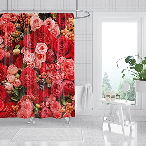 Rote Rosen-Blume Duschvorhänge 90x180cm,3D Digitaldruck Badvorhang Wasserabweisend Anti-Schimmel Schnell Trocknend Waschbar Duschvorhänge aus Polyester mit C-Ringe für Badezimmer Badewanne Vorhang von Fangera