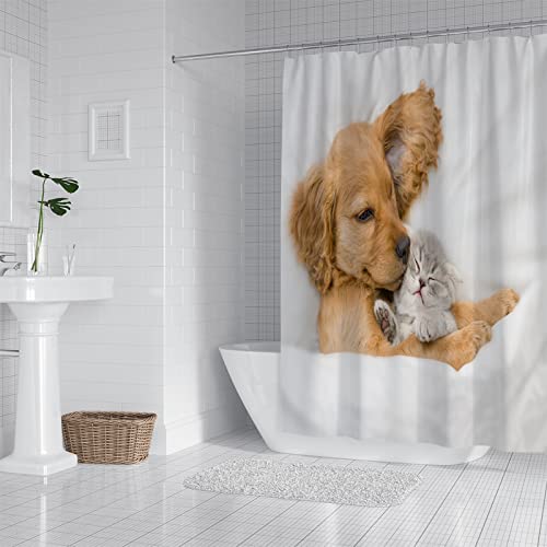 Tier Hund Katze Duschvorhänge 180x180cm,3D Digitaldruck Badvorhang Wasserabweisend Anti-Schimmel Schnell Trocknend Waschbar Duschvorhänge aus Polyester mit C-Ringe für Badezimmer Badewanne Vorhang von Fangera