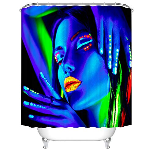 Fangkun Duschvorhang Kunst Badezimmer Blau Dekor Set - Polyester Stoff Cool Schöne Mädchen mit Fluoreszierende Lichter Design Bad Vorhänge - 12 Stück Duschhaken - 183 x 183 cm von Fangkun