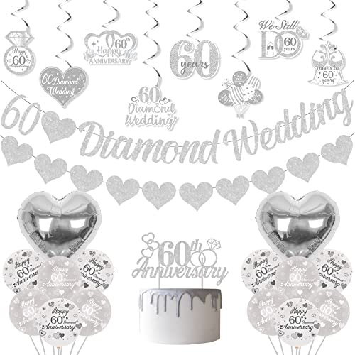 60. Hochzeitstag Dekorationen, 60 Diamond Wedding Banner, Print Latex-Ballon, Cake Topper, Hanging Swirl, Silber herzförmige Liebe Metallic-Ballons, Party Festival Celebration Supplies Sets von Fangleland