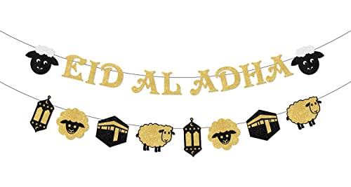 Eid Al Adha Dekorationen, Eid Mubarak Dekoration Hängend mit Eid Al Adha Banner und Ramadan Girlande Schwarz Gold Glitzer Ramadan Mubarak Party Dekorationen für Zuhause Feier von Fangleland