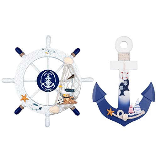2 Pack 28 cm Steuerrad mit Holz und 28 cm Anker Holz Steuerrad mit Seil Nautical Boat Wanddeko Maritime Deko Tür hängen Ornament von Fangoo