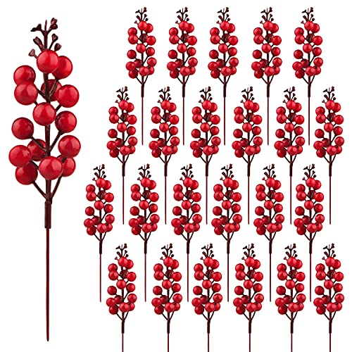 24 Stück Rote Beeren Stiele,Künstliche Burgunder Rote Beeren Picks Stechpalme Rote Beeren Zweige Weihnachtsbeeren Stiel Picks für Weihnachtsbaum DIY Handwerk Hochzeit Feiertage Winter Dekoration von Fangoo