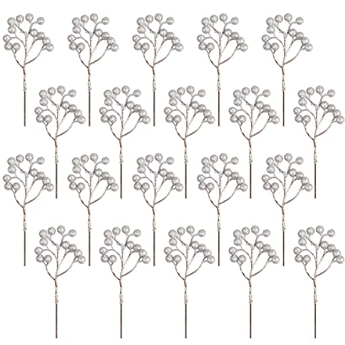 Fangoo 20 Stück Künstliche Silber Beeren Dekoration, 18 cm Rote Beeren Picks Holly Beeren Zweige für Weihnachtsbaum Dekoration Handwerk Hochzeit Ferienzeit Winter Dekoration Home Decoration von Fangoo