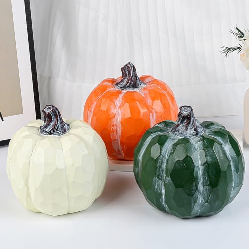 Fangoo 3 Stück Künstliche Kürbisse Tischdeko Kürbis Herbsternte Innen Dekorationen Thanksgiving Tischdekoration für Zuhause, Kaminsims, Büro Geschenk Thanksgiving Halloweendek (Weiß Grün Orange) von Fangoo