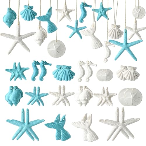 Fangoo 32 Stück Sommer Strand Thema Ornamente Harz Weihnachtsbaum Ornamente Seestern Seepferdchen Meerjungfrau Schwanz Sand Dollar Form Charms für Strand Geburtstag Party Badezimmer von Fangoo