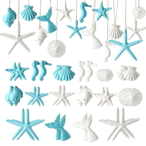 Fangoo 32 Stück Sommer Strand Thema Ornamente Harz Weihnachtsbaum Ornamente Seestern Seepferdchen Meerjungfrau Schwanz Sand Dollar Form Charms für Strand Geburtstag Party Badezimmer von Fangoo