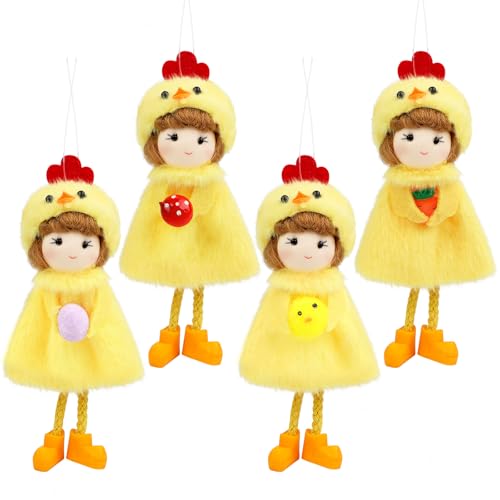 Fangoo 4Stück Osterdeko Plüsch Küken Hühner Ornamente Frühling Baum Hängende Ornamente Handmade Küken Puppe Ornamente Tragen Gelbe Küken mit Eiern Karotten Pilze für Heimdekoration Partyzubehör von Fangoo