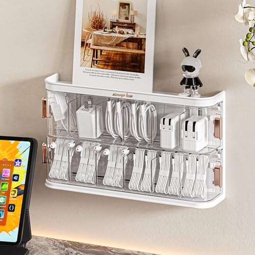 Fangoo Kabel Aufbewahrungsbox Transparent Kabel Organizer Box mit verstellbaren Fächern und 20 Kabelbindern Organizer für kleine Utensilien Cable Management Box für Büros und Arbeitszimmer von Fangoo