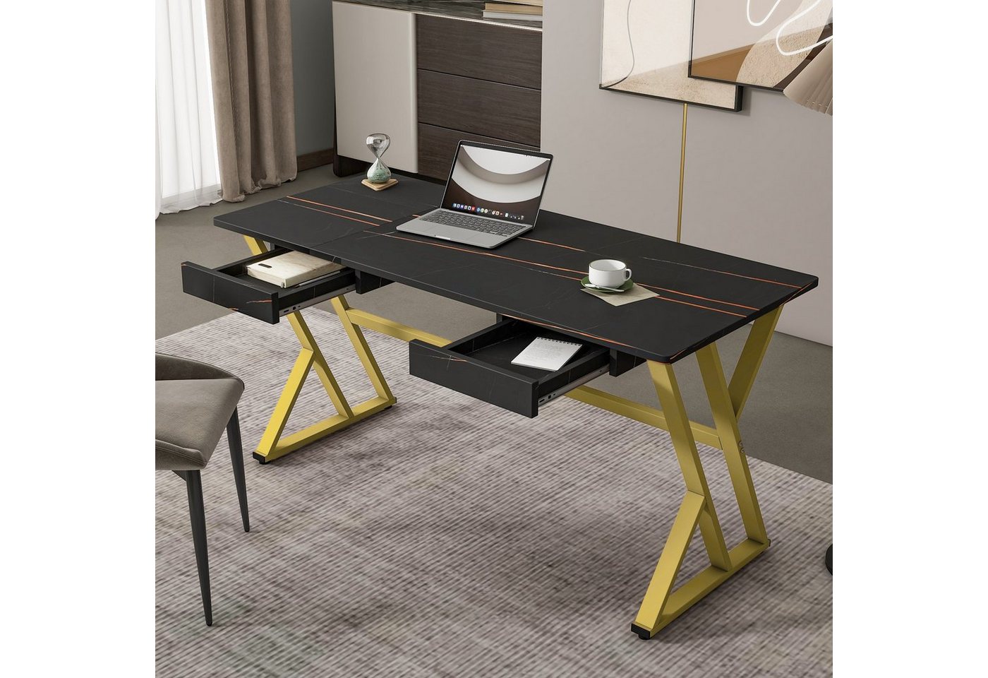 Fangqi Arbeitstisch 150*60*74cm grosser Computer-Schreibtisch mit zwei Schubladen (Er kann auch in einem Arbeitszimmer, als Frisiertisch oder sogar als kleiner Esstisch verwendet werden), gold + schwarz marmoriert von Fangqi