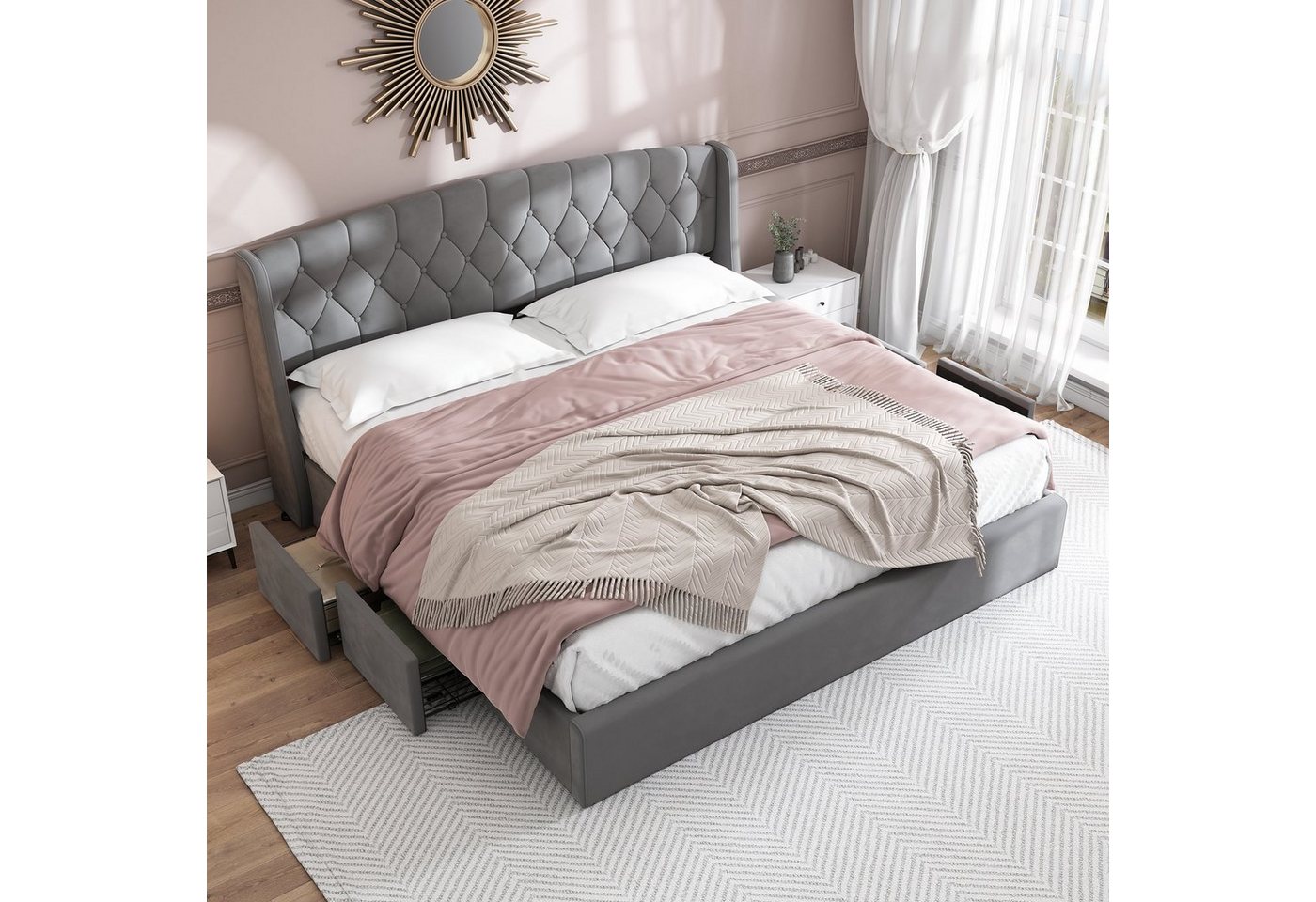 Fangqi Bett 180x200cm großes gepolstertes Doppelbett mit vier Bettschubladen, Samt (set, Familienbett, Doppelbett, Jugendbett, Polsterbett mit vier Bettschubladen, Doppelbett, Jugendbett, Gästebett, Kinderbett, Familienbett), Polsterbett mit vier Bettschubladen und Kopfteil für Stauraum ​ von Fangqi