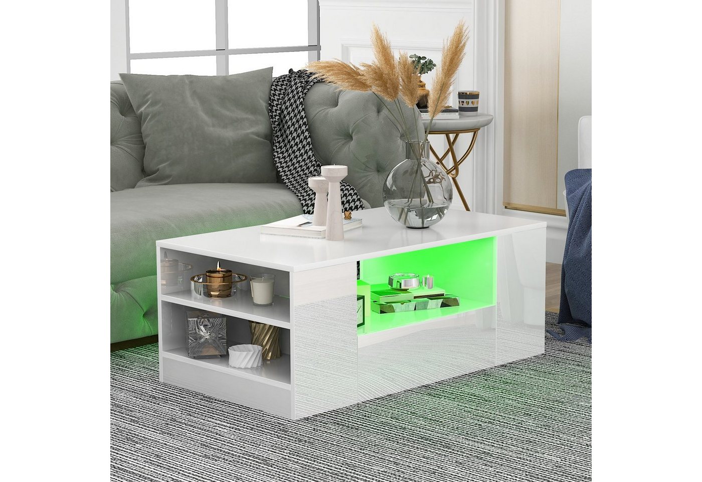 Fangqi Couchtisch Couchtisch, Wohnzimmertisch, weiß hochglänzend, moderner Wohnstil (Sofatisch mit LED-Beleuchtung & USB, 95x53x37 cm), 2 Schubladen, 4 Ablagefächer von Fangqi