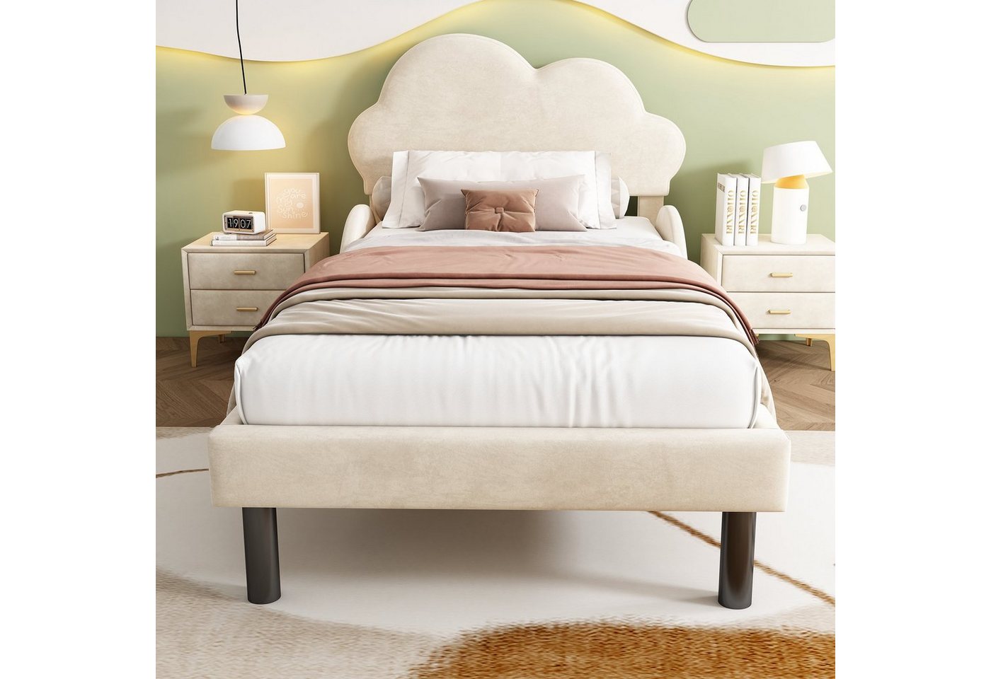 Fangqi Einzelbett 90*200cm Luxuriöses Samt Soft-Polsterbett mit Wolkenkopfteil, geschwungenen Seitenschienen und großem Stauraum,Beige von Fangqi