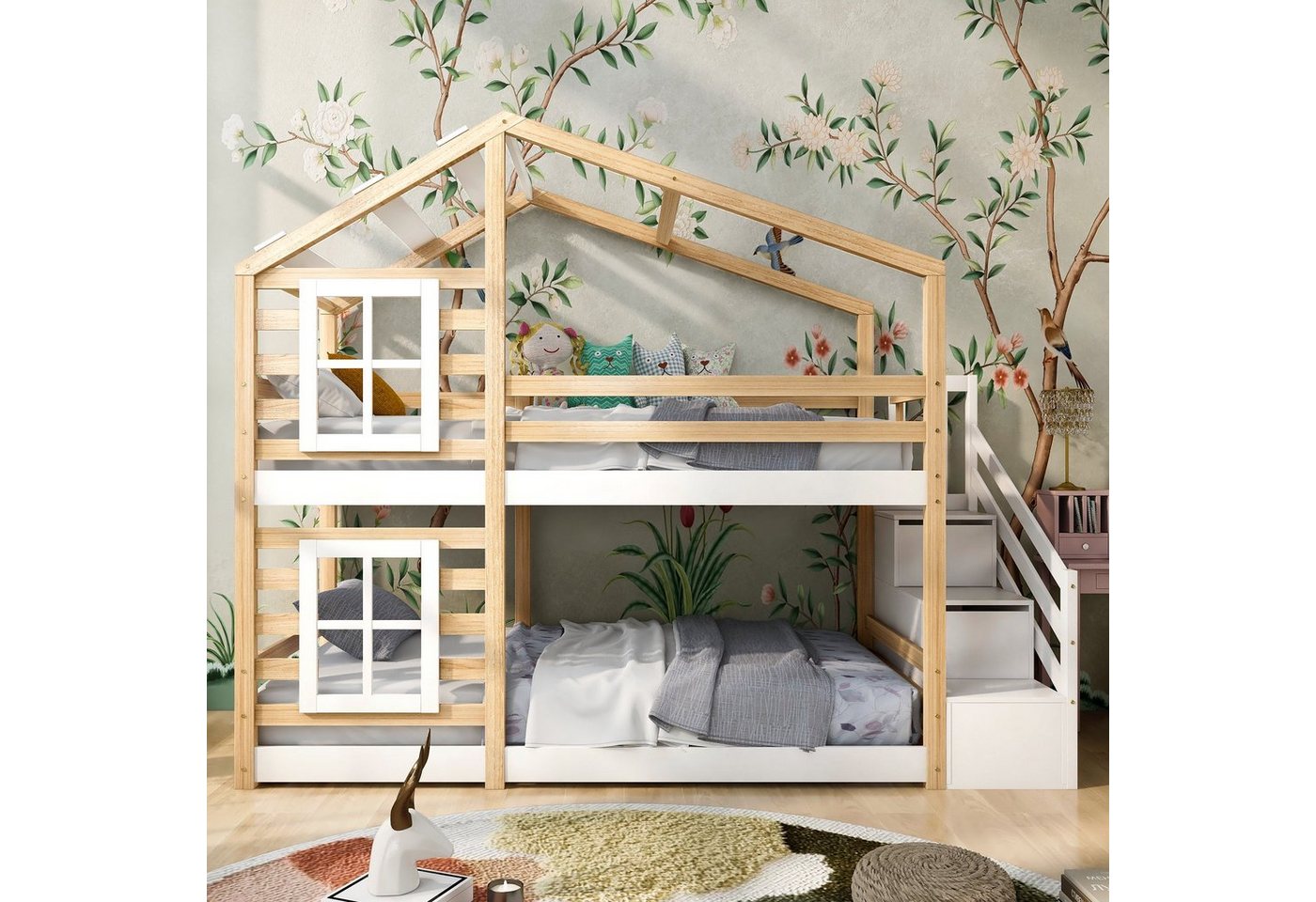 Fangqi Etagenbett 90x200cm Kinderbett Baumhaus mit Schublade und Rausfallschutz, 2x Lattenrost, Natur & Weiß von Fangqi