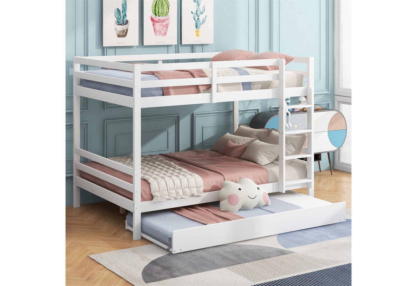 Fangqi Etagenbett Hochbett 140x200 cm mit Ausziehbett Etagenbett mit Ausziehfunktion, Absturzsicherung und 1 Leitern, Lattenrost, Kinderbett Grau/Weiß von Fangqi