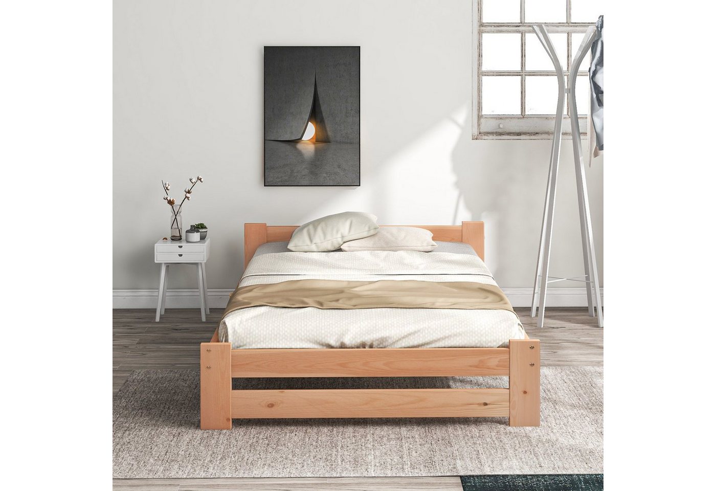 Fangqi Futonbett 90x200 cm Massivholz Einzelbett mit Kopfteil und Lattenrost, Jugendbett (1-tlg) von Fangqi