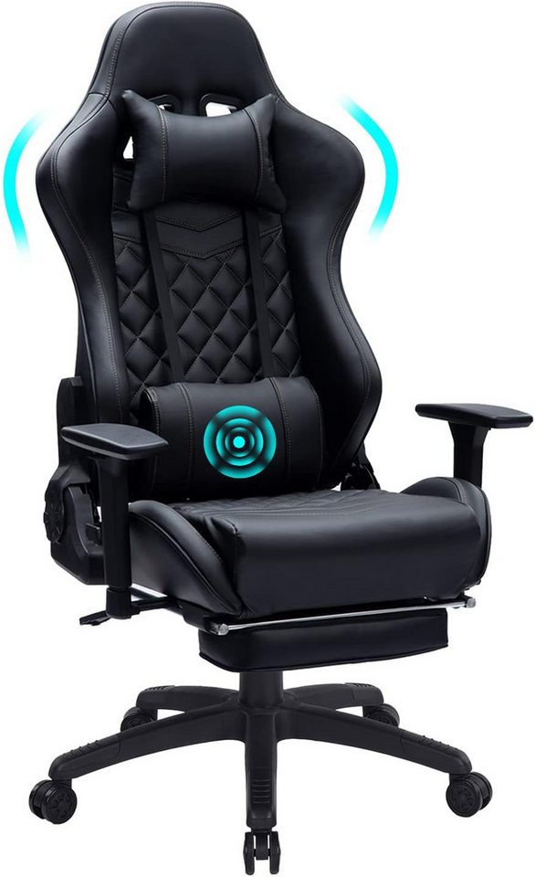 Fangqi Gaming-Stuhl Gaming-Stühle mit Fußstütze, ergonomische Bürostuhl,Massagestuhl (3-fach verstellbare Armlehnen, Rückenlehne 90-155° verstellbar, 360° drehbar), Nackenkissen, Lendenkissen (mit Massagefunktion), USB-Kabel von Fangqi
