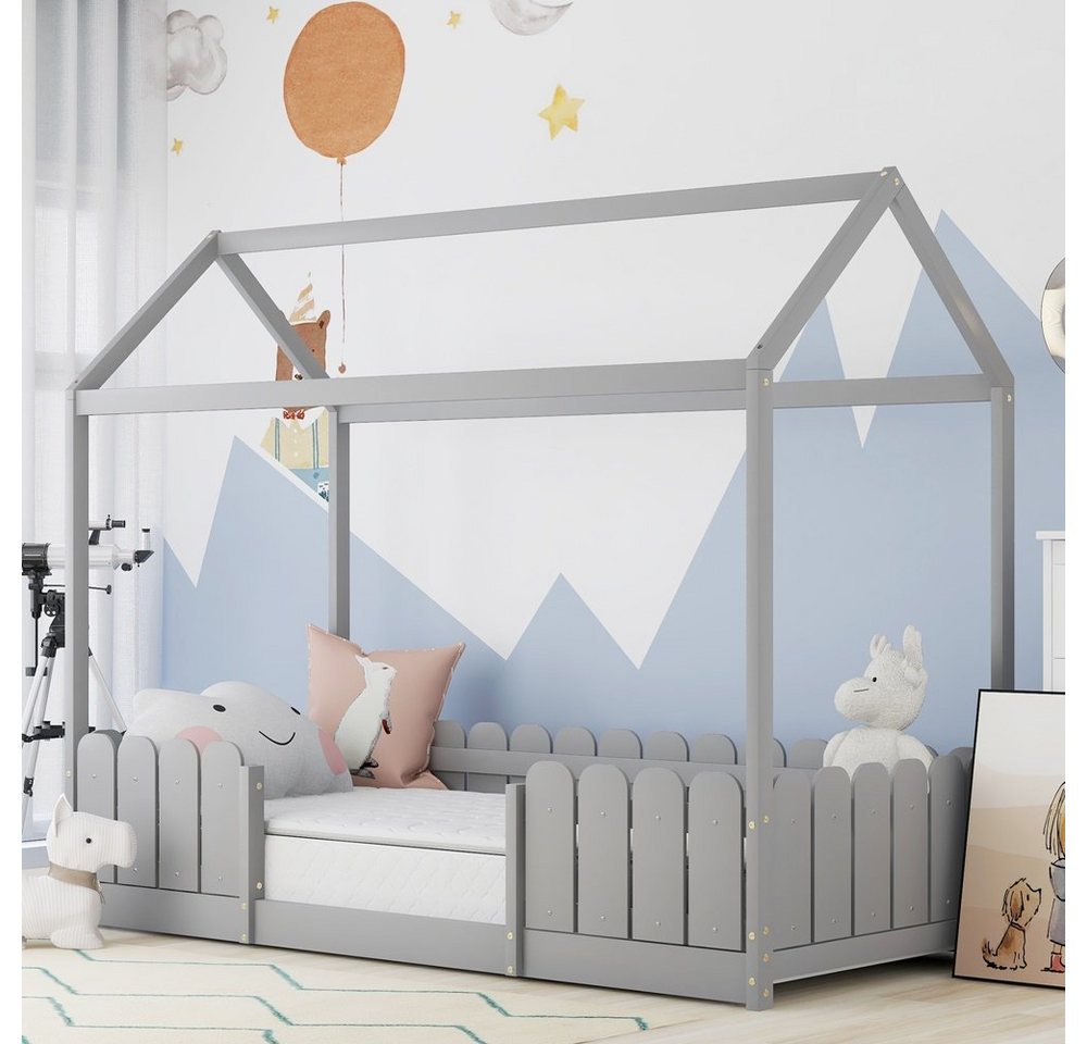 Fangqi Jugendbett Hausbett 90x200 cm vielseitiges Holz Kinderbett für Jungen & Mädchen, Mit Rausfallschutz und Lattenrost – Weiß, Grau (Ohne Matratze) von Fangqi