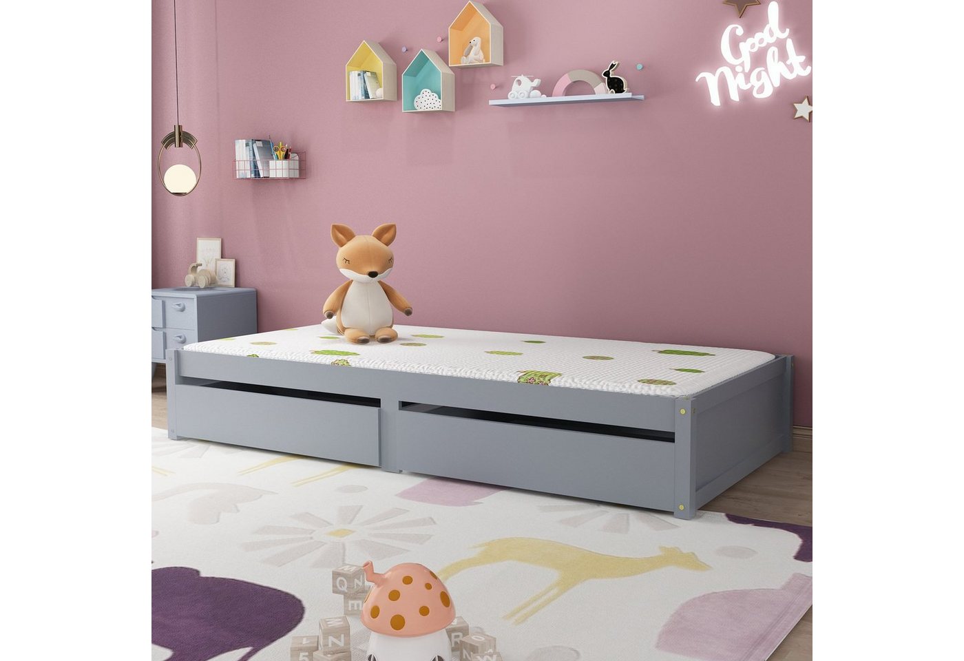 Fangqi Kinderbett 90x200cm, Kinderbett mit Vollabtrennung, weiß/Grau, Mehrzweckbettrahmen umbaubar in zwei getrennte Betten von Fangqi