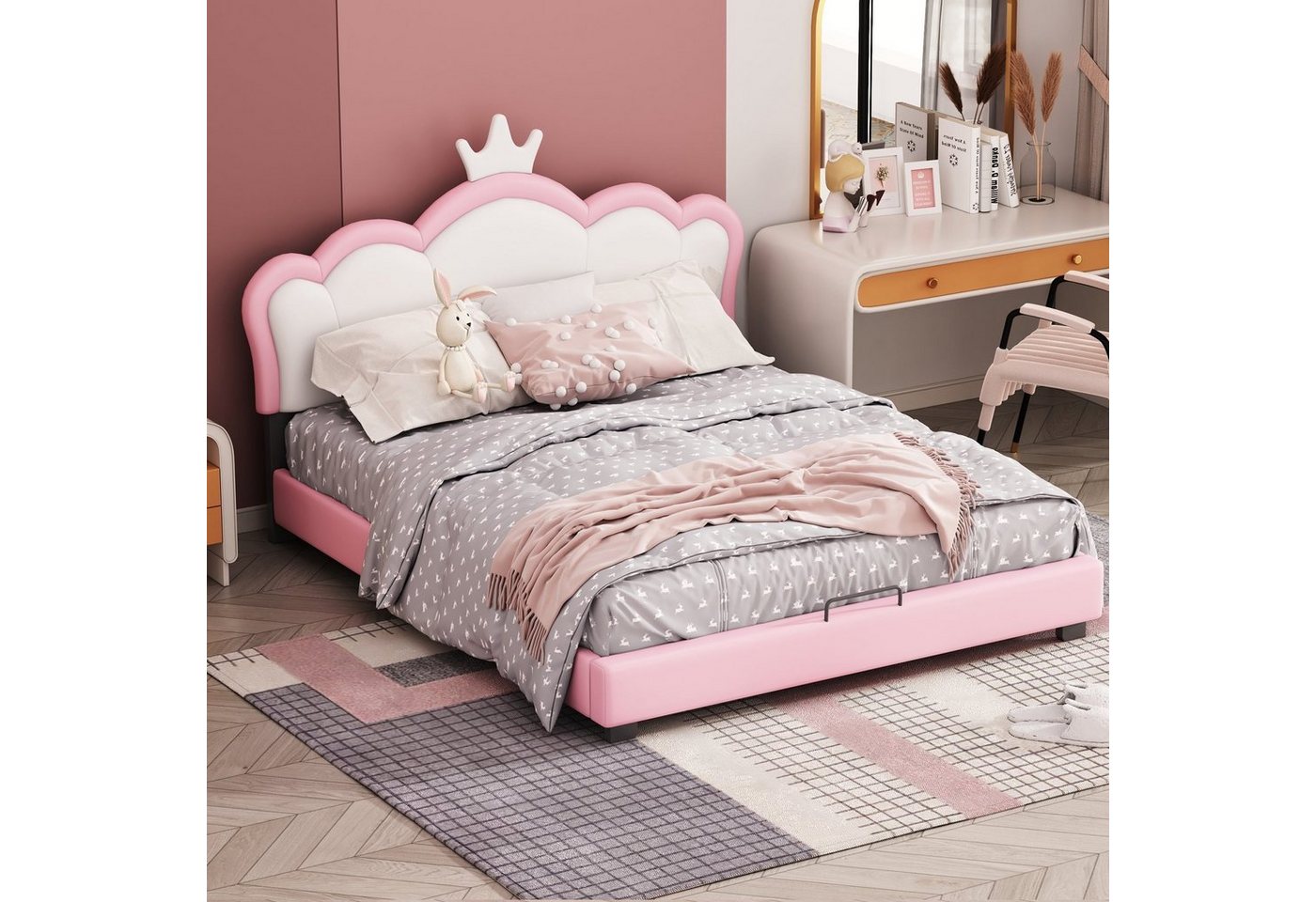 Fangqi Kinderbett Kinderbett 140*200cm mit Lattenrost & LED,Kronenform,Prinzessin Bett (set, Kinderbett,Prinzessinnenbett,Jugendbett,rosa Bett,Polsterbett), ( 90*200cm und 140*200cm zwei Größen) von Fangqi