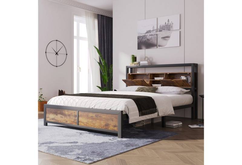 Fangqi Metallbett 90/140x200 Jugendbetten mit Stauraum-Kopfteil und Metall Lattenrost, Schwarz Industrielles Bett, Kinderbett Metall Bettgestell Bettrahmen Für Erwachsene, Kinder, Jugendliche von Fangqi