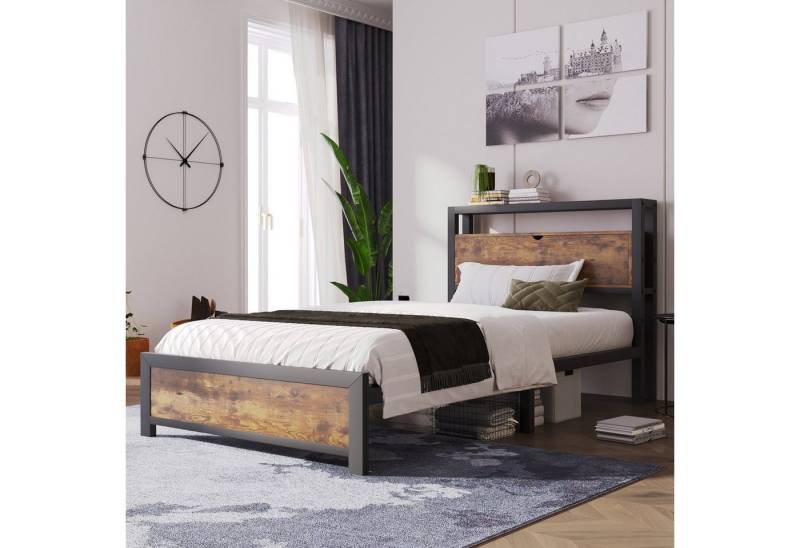 Fangqi Metallbett 90/140x200 Jugendbetten mit Stauraum-Kopfteil und Metall Lattenrost, Schwarz Industrielles Bett, Kinderbett Metall Bettgestell Bettrahmen Für Erwachsene, Kinder, Jugendliche von Fangqi