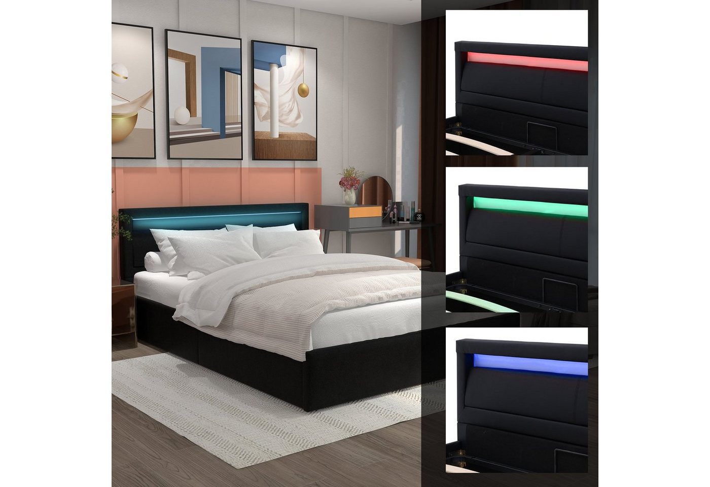 Fangqi Polsterbett 140*200cm gepolstertes Doppelbett mit LED-Beleuchtung am Kopfteil (set, Doppelbett mit Stauraum, Jugendbett, Gästebett, Familienbett), mit Bettkasten, Kopfteil mit LED-Beleuchtung von Fangqi