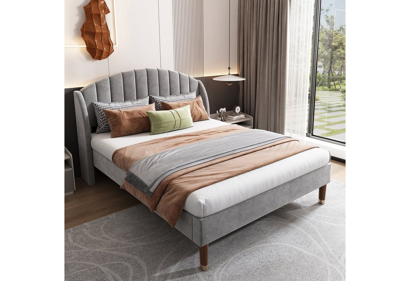 Fangqi Polsterbett 140/160*200cm Doppelbett mit Lattenrost und Kopfteil, Samt, grau/beige von Fangqi