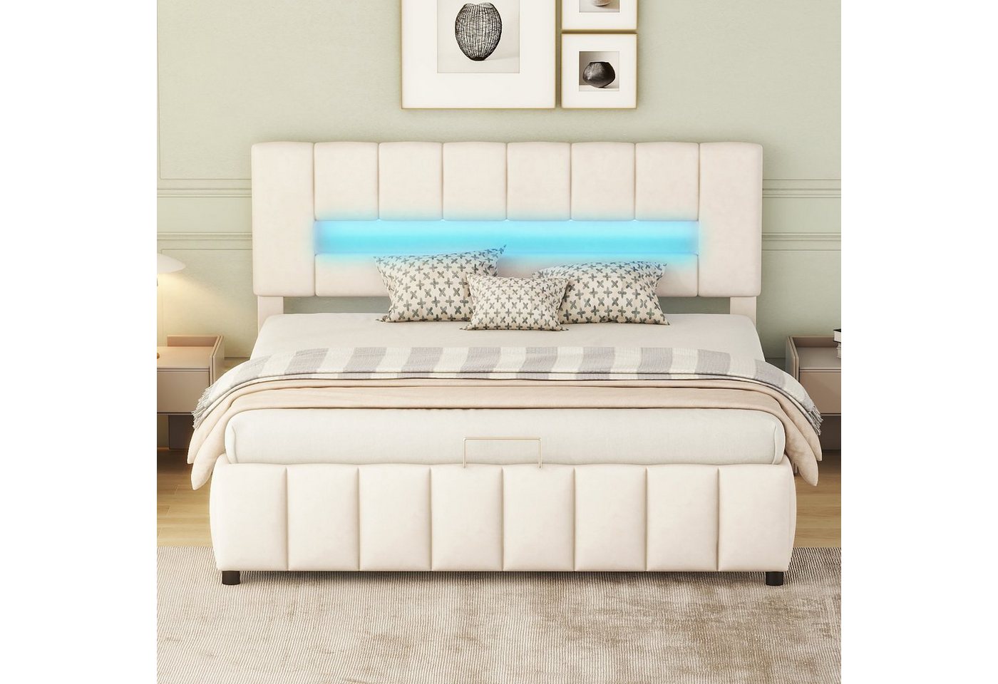 Fangqi Polsterbett 180x200 cm gepolstertes Doppelbett mit LED-Beleuchtung und Stauraum (set, Familienbett, Jugendbett, passend für verschiedene Dekorationsstile), Polsterbett mit LED-Beleuchtung und großem Bettkasten von Fangqi