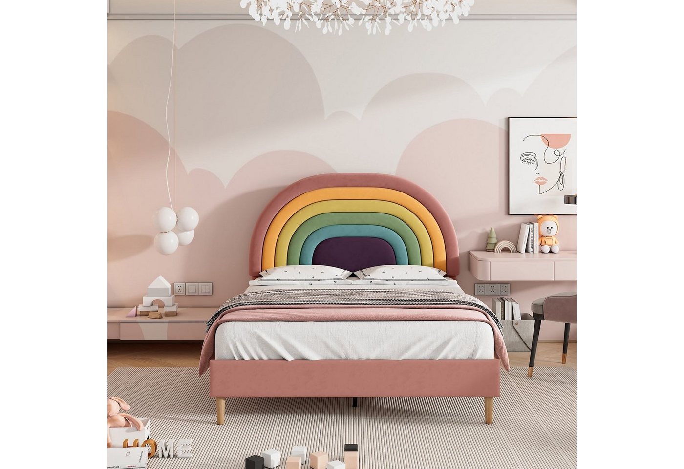 Fangqi Polsterbett Polsterbett, Jugendbett für Mädchen, Regenbogen Kopfteil (Kinderbett, Prinzessinbett, Regenbogenbett, Cartoonbett, Einzelbett., Holzlatten, Holzbeine, Samt), 2 Größen und Farben von Fangqi