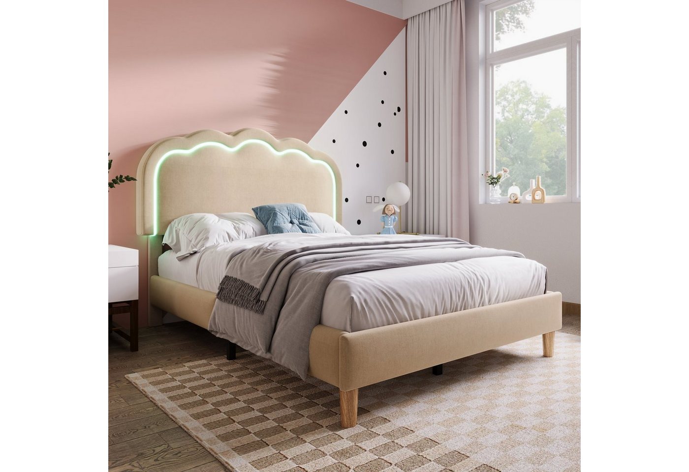 Fangqi Polsterbett 90x190/200cm LED Einzelbett,Beige Leinenmaterial/Rosa Samt von Fangqi