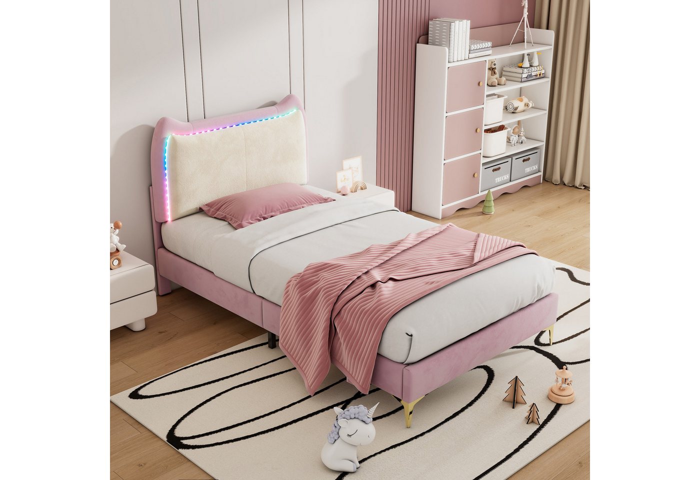 Fangqi Polsterbett 90x200 cm upholstered bed with LED light bar, velvet, pink bed frame (Prinzessinnenbett mit Kopfteil in Form von Tierohren, Einzelbett), Kopfteil mit weißem Kopfteil, rosa Bettrahmen, LED-Lichtleiste von Fangqi