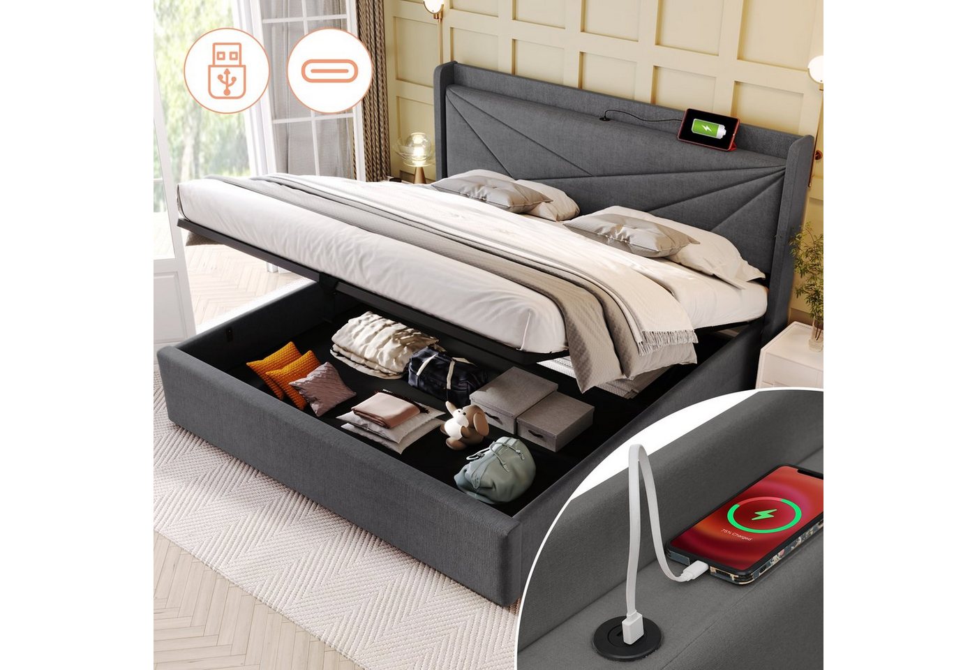 Fangqi Polsterbett Doppelbett Stauraum Bettkasten mit USB Typ C Ladefunktion Kopfteil, Jugendbett 140x200 mit lattenrost,Leinenmaterial, Beige/Grau von Fangqi