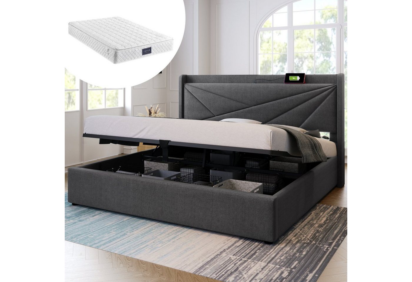 Fangqi Polsterbett Doppelbett Stauraum Bettkasten mit USB Typ C Ladefunktion Kopfteil, Jugendbett 140x200 mit lattenrost,Leinenmaterial, Beige/Grau von Fangqi