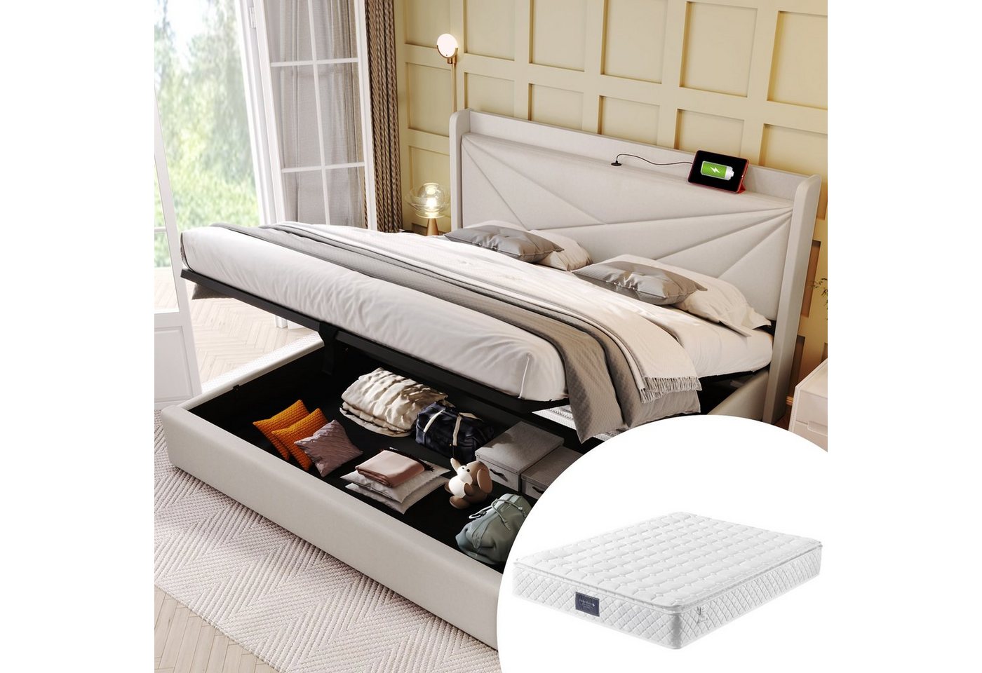 Fangqi Polsterbett Doppelbett Stauraum Bettkasten mit USB Typ C Ladefunktion Kopfteil, Jugendbett 140x200 mit lattenrost,Leinenmaterial, Beige/Grau von Fangqi