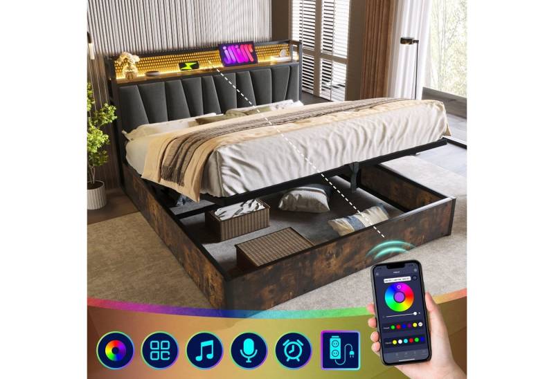 Fangqi Polsterbett LED App-Control Doppelbett mit aufladen USB Ladefunktion Kopfteil, Metallbett 140/160/180x200cm Lattenrost aus Holz, Grau von Fangqi