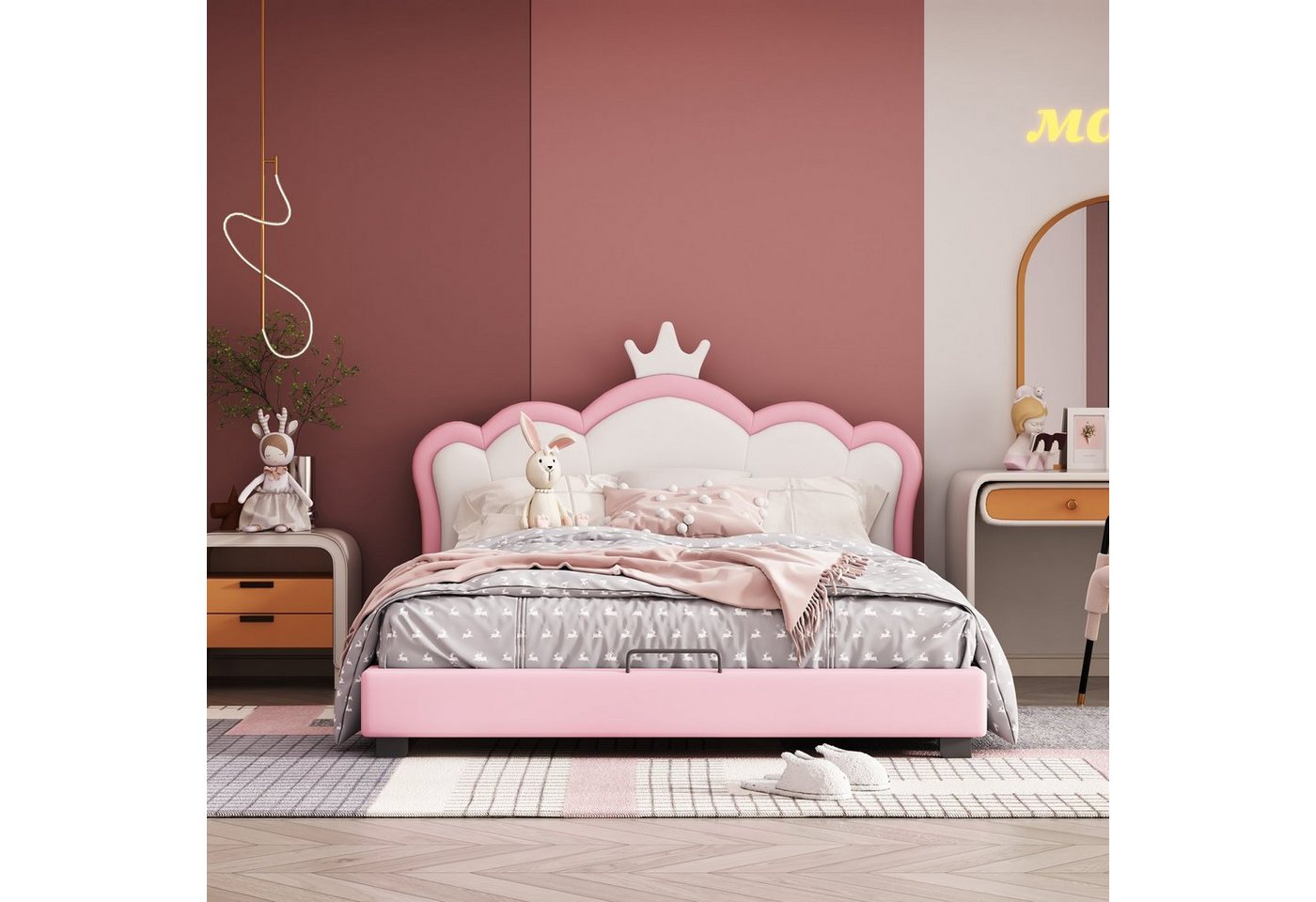 Fangqi Polsterbett Polsterbett mit rosafarbenem Kopfteil mit Kronenrand – mit Lattenrost (set, Kinderbett Polsterbett mit Lattenrost Mädchenbett Kronenleiste Rosa), Kopfteil mit großen weißen Muscheln und Kronenbesatz von Fangqi