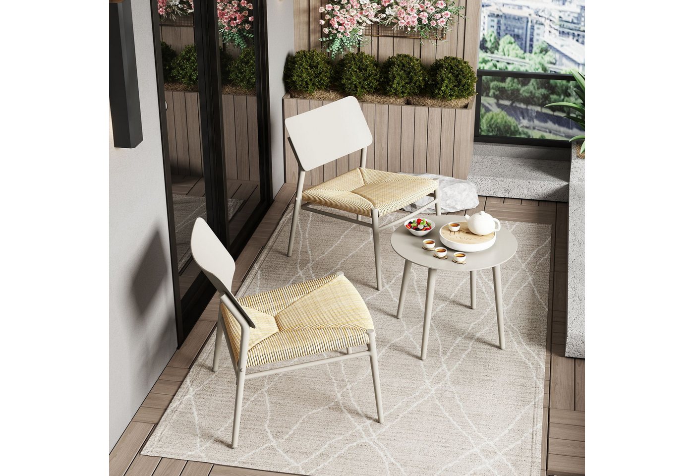 Fangqi Rattanstuhl Rattan Stuhl und Tisch 3er Set,Aluminium,für Terrasse,Garten,Balkon (Möbelset, dreiteiliges Set aus Tisch und Stuhl für den Außenbereich, dreiteiliges Set aus Couchtisch und Stuhl), 2x Stühle 1x Tisch von Fangqi