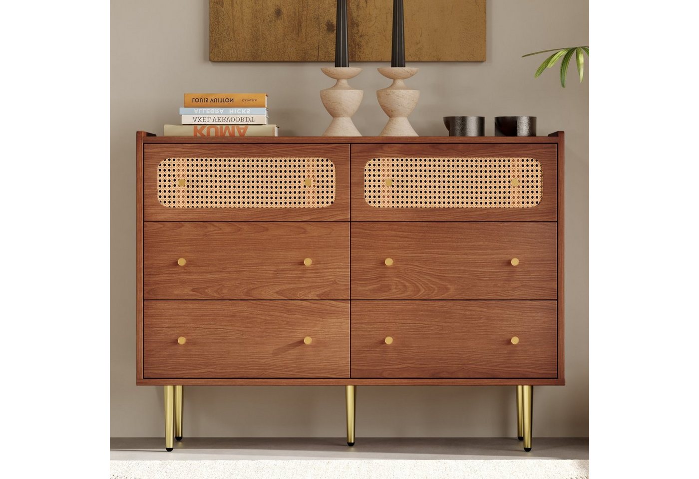 Fangqi Schubkastenkommode Rattan Kommode Highboard mit 6 Schubladen,Nussbaum -H90/B120/T40 cm, für Schlafzimmer & alle Wohnräume, Nussbaum -H90/B120/T40 cm von Fangqi