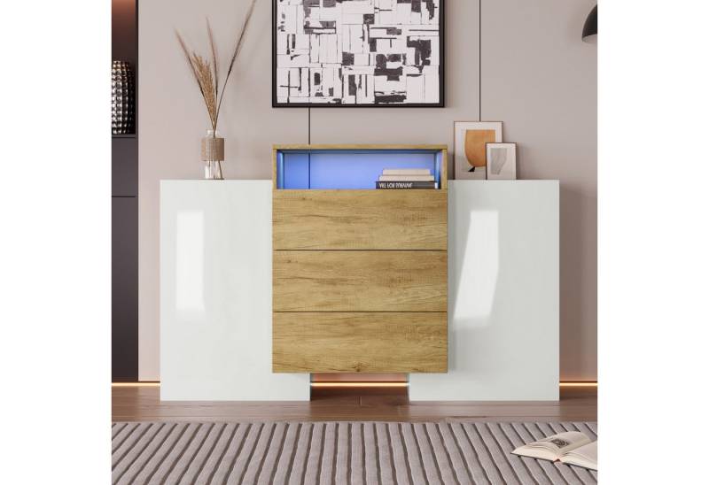 Fangqi Sideboard Aufbewahrungskommode 3 Schubladen 2 Türen 4 Einlegeböden, Modern Style, Multicolour LED Beleuchtung, 140x30x77.5cm von Fangqi