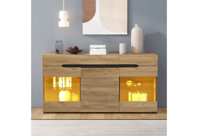 Fangqi Sideboard Sideboard mit LED-Beleuchtung, Kommode, 3 Türen&3 Schubladen (TV-Schrank, Lowboard, Aufbewahrungsschrank), Stromversorgung über USB – Lieferung mit 5V 2A USB-Kabel von Fangqi