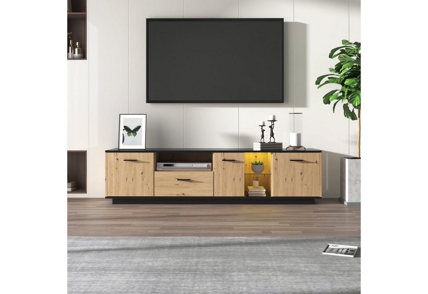 Fangqi TV-Schrank 180x40x45 TV-Schrank mit einer Schublade,drei Türen,zwei offene Fächer Schwarze und natürliche Holzfarben. 15 variable LED-Leuchten. von Fangqi