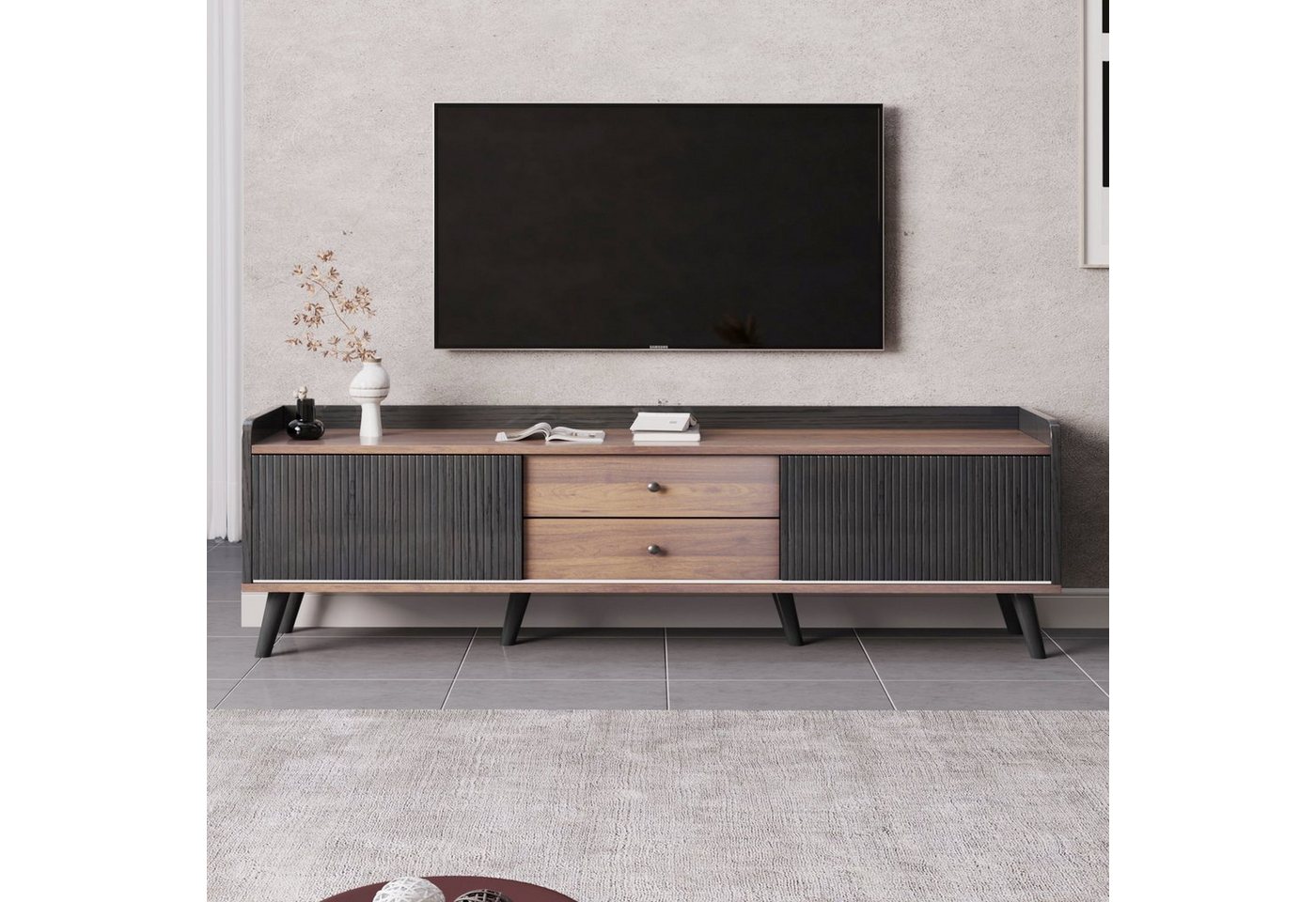 Fangqi TV-Schrank H58*L160*T40 cm TV-Schrank mit zwei Schubladen, Aufbewahrungsschrank (set, TV-Schrank, Lagerschrank, Küchenschrank, Wohnzimmerschrank) wird von sechs 18cm Füßen getragen,um Stabilität zu gewährleisten von Fangqi