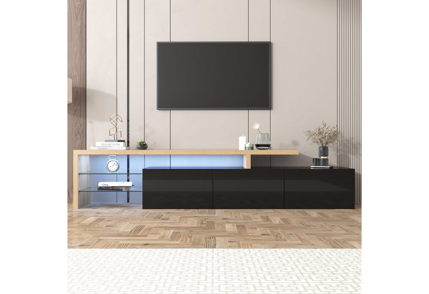 Fangqi TV-Schrank mit 3 Schränke, Glasböden, Lagerregale,LED-Beleuchtung, Weiß/Schwarz (197.5 L x 39 B x 42H(cm) Modernes, praktischer Stauraum,Hochglanz, Holzoptik von Fangqi