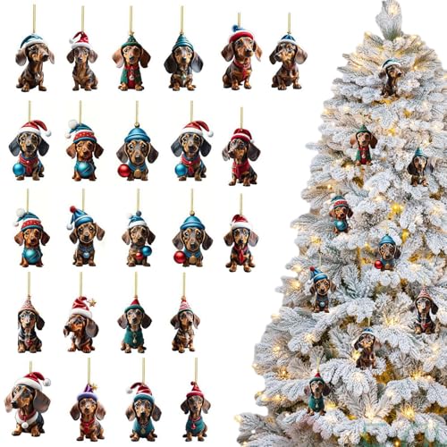 Fangssiy Dackel Adventskalender,24 Teile Flacher Acryl Christbaumschmuck - Festliche Partydekoration Für Klassenzimmer Auto Wohnung Geburtstag Studentenwohnheim von Fangssiy