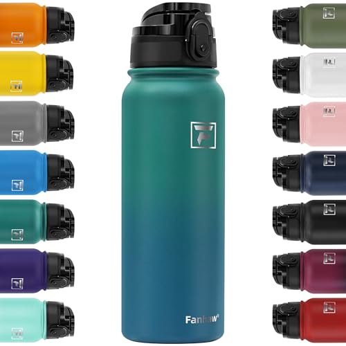 Fanhaw 600ml Trinkflasche Edelstahl mit 1 Deckel (Chug Deckel) - Für Schule, Kinder, Frauen, Männer | Auslaufsicher & Schweißfest mit Anti-Staub Deckel (Grün Blau) von Fanhaw