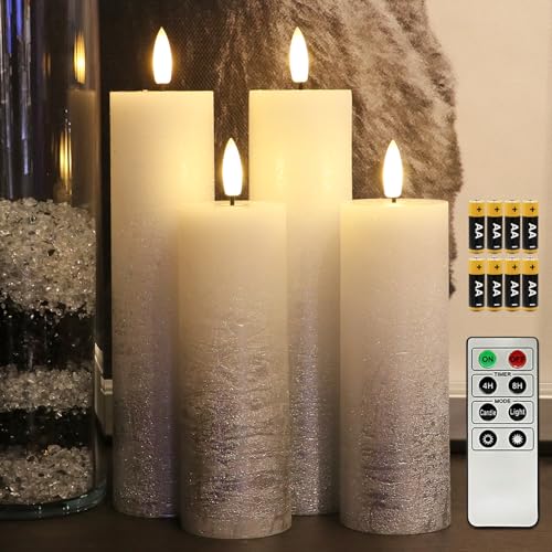 Fanna 4 Flammenlose LED Wachskerzen Adventskerzen Silber Rustik-Design mit Fernbedienung und Timerfunktion, inkl. Batterien - D 5cm von Fanna