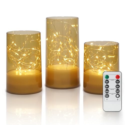 Fanna 3 Gold LED Acrylkerzen mit Lichterketten für Haus Dekoration, Flammenlose Zylinder Laternen mit Timer und Fernbedienung für Weihnachten - H10 / 12,5 / 15cm Fanna 3 Gold LED Acrylkerzen mit Lichterketten für Haus Dekoration, Flammenlose Zylinder Laternen mit Timer und Fernbedienung für Weihnachten - H10 / 12,5 / 15cm von Fanna