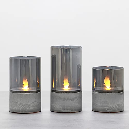 Fanna 3 Grau flammenlose Flackernde Led Kerzen im Glas Industrieller Stil, Glaswindlichter mit Timerfunktion, warmweiße Licht H. 10cm, 12,5cm, 15 cm von Fanna